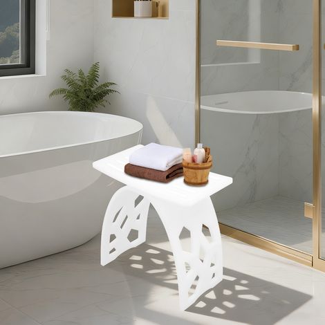 Tabouret de douche en acrylique massif, banc de salle de bain robuste blanc, avec patins antidérapants, siège de salle de bain, muni d'un trou d'évacuation, adapté aux cabines de douche (1/5)