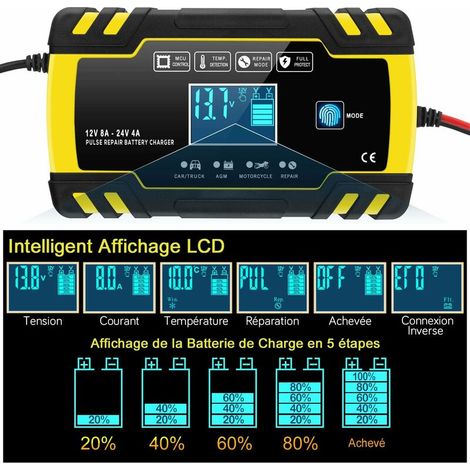 Chargeur de Batterie Intelligent 12V/24V 8A, 3 Étapes de Chargeur Batterie Mainteneur et Automatique Réparation Fonction pour Voiture Moto Camion, AGM, Gel, Wet, SLA(6-150AH) (1/4)