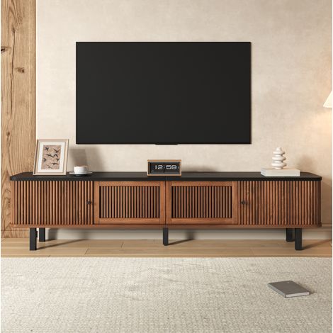 Mueble TV 190x35x45 cm nogal en MDF y tablero de partículas con puertas correderas y rejilla (1/5)