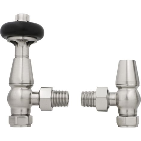 Traditional Antique Design TRV Thermostatic Brass Angled Radiator Valves Pair Satin Nickel