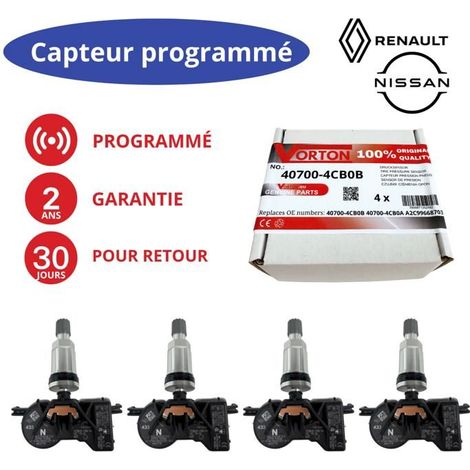 Sensore di pressione pneumatici TPMS - Set di 4 preprogrammato - 433 MHz - Autonomia 5 anni - Compatibile Renault/Nissan