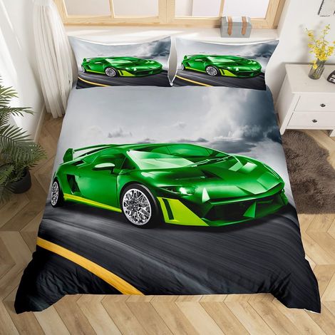 Housse de Couette Garçon 140x200 cm avec 1 Taie d'oreiller, Parure de Lit Voiture de Course Sets de Housses de Couettes Voiture de Sport Extrême, Couvre Lit Voiture de Sport Gris Vert (1/5)