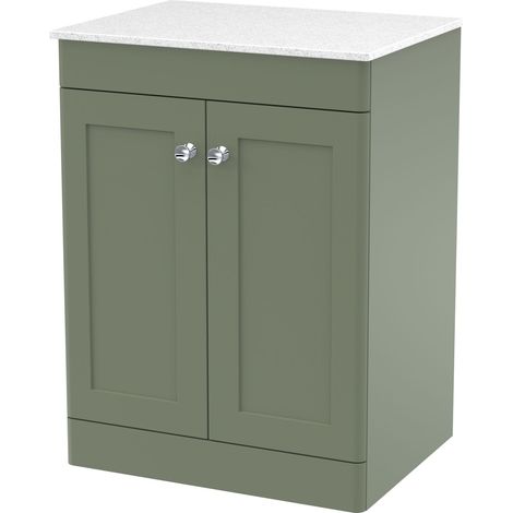 Nuie Classique Floor Standing 2-Door Vanity Unit with White Marble Worktop 600mm Wide - Satin Green (1/2)