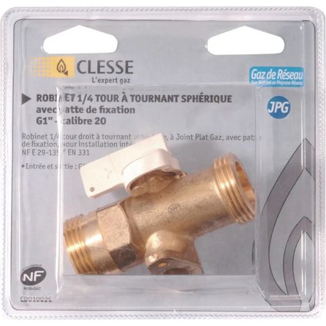 Robinet JPG-INT-AP 1/4 de tour droit tournant sphérique avec pattes 500 mbar calibre D20 sous coque Réf CD01003C