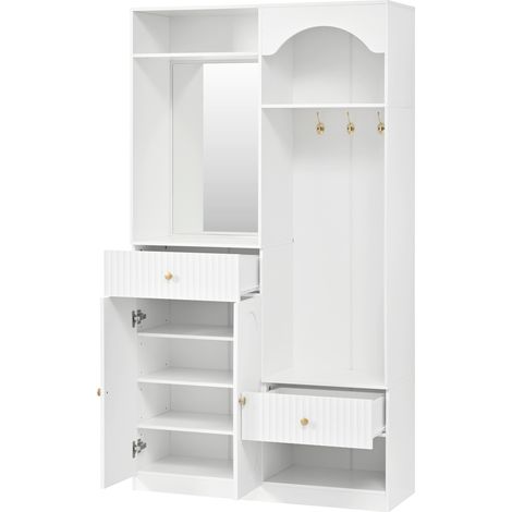 Mueble de entrada multifunción con espejo, banco, perchero y zapatero de MDF blanco (1/5)