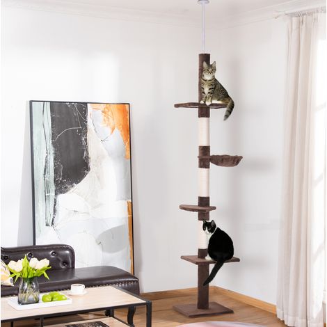 Tiragraffi da soffitto in sisal e peluche marrone, 5 livelli per graffiare, riposare e arrampicarsi, 40 x 34 x 230-260 cm (1/5)