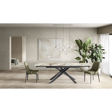 Tavolo Allungabile Cross 160-240x90 cm, Top in Ceramica Marmo Calacatta Borghini Opaco, Struttura in Metallo Antracite - Design Moderno (1/3)
