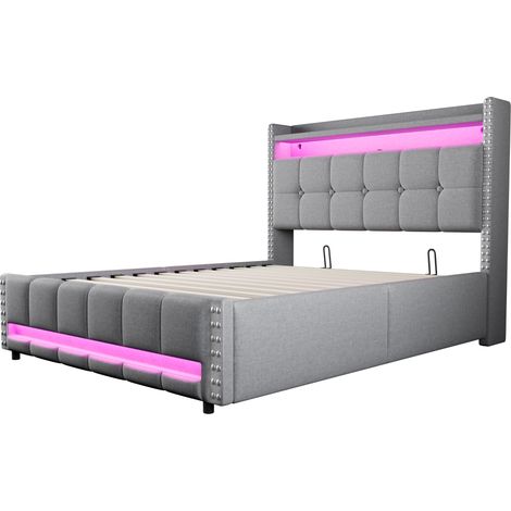 Lit rembourré 140200 cm avec éclairage LED et prise USB, tête de lit avec étagères et espace de rangement, relevage hydraulique pour le rangement, lit double adulte, tissu en lin gris clair (1/5)