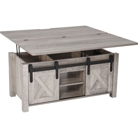 Table basse relevable en chêne 1000 mm, style ferme, rustique avec porte coulissante et rangement discret, plateau moderne pour salon et bureau. (1/5)