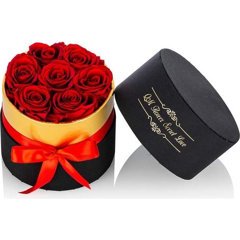 Roses Conservées Rouges dans Une Boîte à Fleurs Taille Petit à la Main Vraies Fleurs Pétales Éternels, Cadeaux Romantiques pour Petite Amie, Fête des Mères Anniversaire Mariage Noël-Fei Yu (1/5)