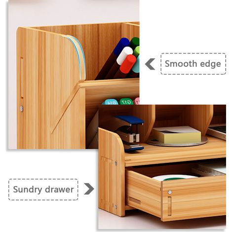 Schreibtisch-Organizer aus Holz – Multifunktionale Aufbewahrungsbox mit Fächern und Schublade für Stifte, Schul- und Bürobedarf (1/4)