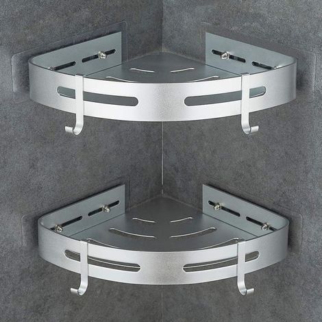 Etagère de Douche d'angle sans Perçage en Aluminium Aéronautique avec 2 Crochets pour Douche Support Antirouille Autocollant pour Articles de Salle de Bains 2 Pièces (Argent) (1/5)