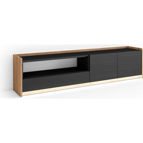 Skraut Home - Mueble TV, Televisión, Muebles de salón, almacenaje, 207x37x50cm, Para TV hasta 80", LED, Estilo Moderno, Negro y roble (1/5)