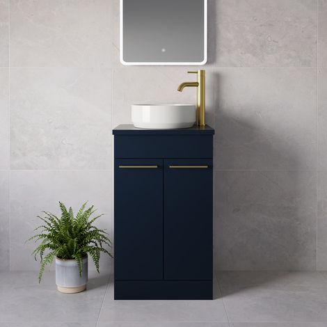 Napoli 390 Deep Blue 500mm 2 Door Vanity Unit for Countertop Basins - 500mm - Brushed Brass 160mm Handle