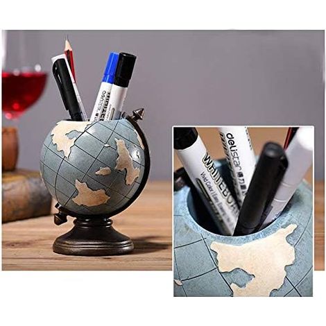 Globe Pen Pencil Pot Holder Retro Pencil Cup Retro Desk Organizer Pen Container Retro Home Office School Supplier Gifts for Teacher Men Geography Gifts (1/4)