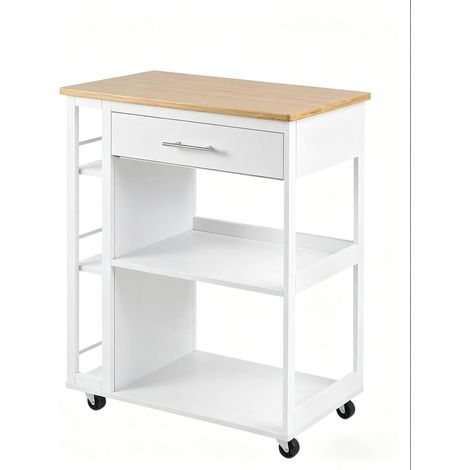 Chariot de cuisine mobile à roulettes, meuble de rangement blanc et bois clair avec tiroir, étagères ouvertes, 1 plateau, CHICFURN (1/5)