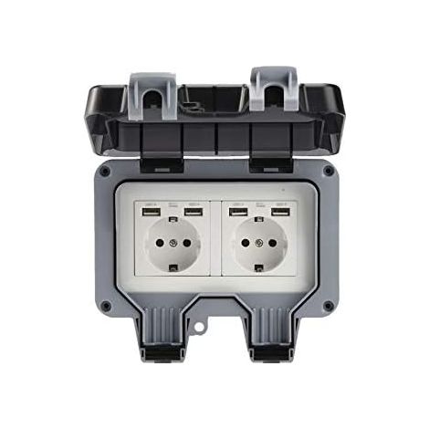 Toma de corriente doble para exteriores con USB, resistente al agua, con caja de pared (doble) (1/5)