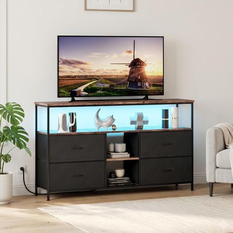 Meuble TV 137 cm Style Industriel Marron avec LED et 4 Tiroirs en Tissu - Banc TV Design Structure en Fer, Pieds Réglables - Meuble Télé (1/5)