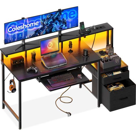 Bureau gaming avec LED et tiroirs 140 x 48 cm Noir Coleshome (1/5)