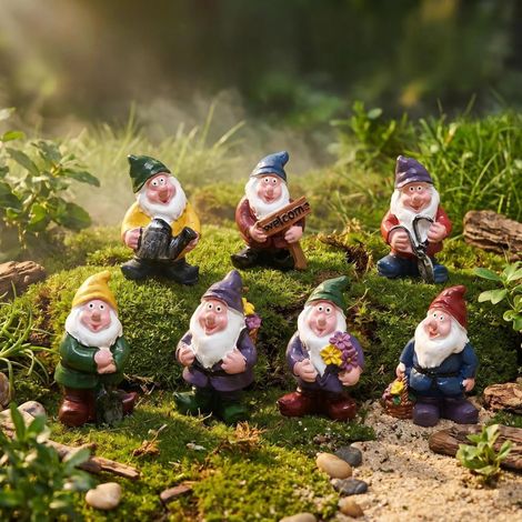 Lot de 7 Figurines Miniatures de Nain Petites Statues Résine Résistant Intempéries Réaliste Peinte Main Balcon Patio Pot Fleurs (1/4)