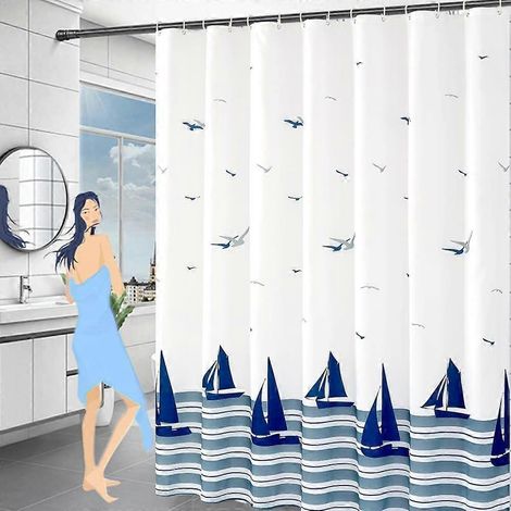 Rideau de douche 180x200 cm - Rideau de douche anti-moisissure avec ourlet lesté, imperméable et lavable, motif océan, en polyester avec crochets (1/5)