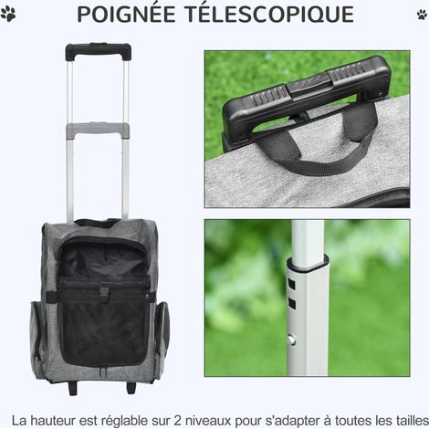 Sac de transport à roulettes pour chien 2 en 1 trolley chariot sac à dos pour chien chat avec poignée téléscopique, sacs de rangement, aérations, attache de sécurité, 42 x 25 x 55 cm, gris (1/5)