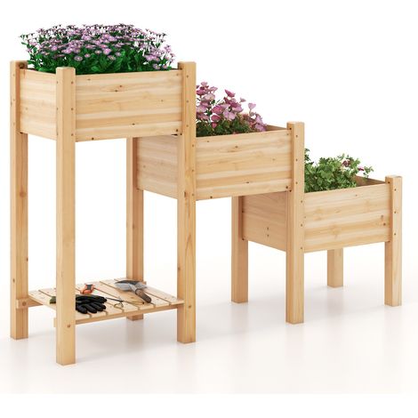 Bac potager surélevé en bois naturel à 3 niveaux avec 3 bacs séparés et étagère ouverte pour jardin terrasse balcon (1/5)