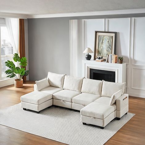 Canapé modulaire en U convertible en couchage 6 places beige (1/5)
