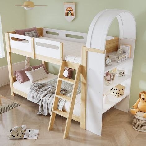 Lit superposé enfant 90 x 200 cm, pin et panneaux, blanc naturel, avec échelle, rangement et barreaux de sécurité. (1/5)