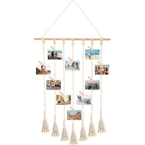 Cadre Pele Mele Photo Mural,Accroche Photo en Macramé,Porte Photo Bohème,Tableau Photo avec 30 Clips en Bois,Cadre Photo Suspendu Corde (1/4)