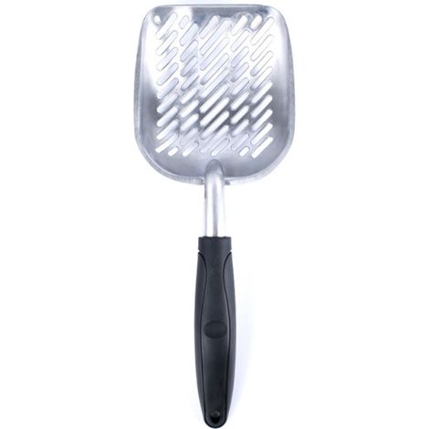 Pelle à litière pour chat en alliage d'aluminium avec poignée souple, grande cuillère en métal pour bac à litière (1 pièce, 35 cm x 14 cm x 4,8 cm, manche noir)