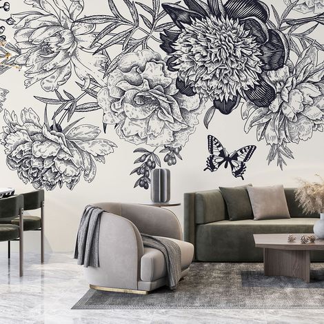 Papier peint panoramique - Fleurs Papillons - 130 cm x 56 cm (1/4)