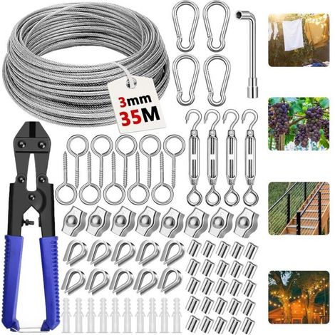 35M Câbles en Acier Inoxydable à Suspendre Kit.304 Cable Inox 3mm avec Tendeur Cable. Serre Cable Acier.Câble en Acier Gainé pour Treillis Plante Grimpante Exterieur.Corde a Linge.Garde Corps