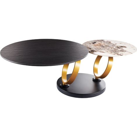 Tavolino basso SOLYNE 134 cm nero con piani rotanti effetto marmo e anelli dorati (1/5)