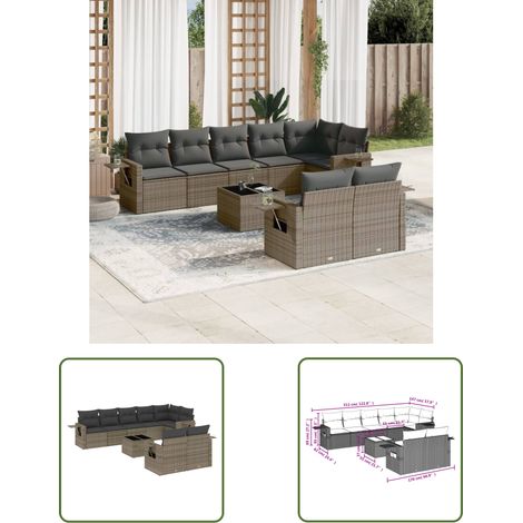 The Living Store 9-tlg. Garten-Sofagarnitur mit Kissen Grau Poly Rattan - Gartenmöbel - PE-Rattan Möbel - Outdoor Lounge Set - Sofasatz - Esszimmergarnitur (1/3)