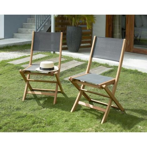 Lot de 2 chaises en bois dacacia FSC et textilene - Gris (1/4)