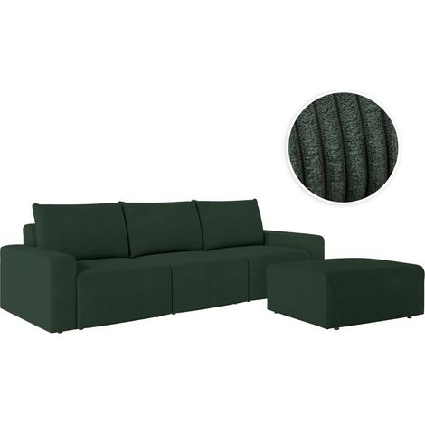 PACK - Canapé droit fixe 3 places ROMANE avec pouf en velours côtelé - Vert foncé (1/5)