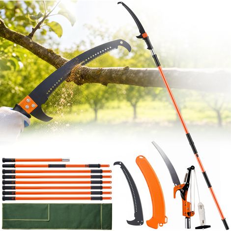 Scie à Élaguer Télescopique 2,24-8,24 m Scie à Perche Extensible Lame en Acier Tranchant Scie d'Élagage avec 8 Poteaux Fibre de Verre Ciseaux Coupe Branches Hautes pour Élagage Palmiers Arbustes (1/5)