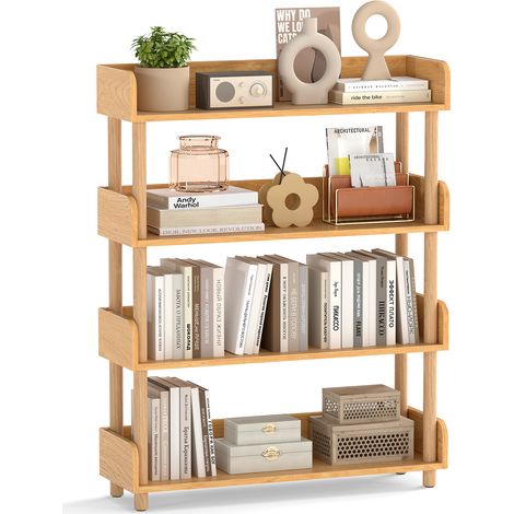 Etagere Rangement 4 Niveaux, Bibliotheque en Bois de Pin avec Étagères Ouvertes&3 Garde-Corps Surélevés, Charge 80 kg, 80x24x102 cm