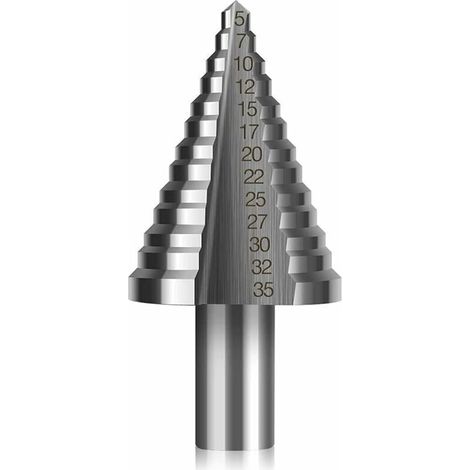 Foret Fraise Meche Etage HSS,Foret Étagé Fraise Conique à Double Fente (5mm-35mm) avec Revêtement Titane,Solide,Parfait Pour Visseuse Percage sur Acier Bois,Laiton,Aluminium,PVC(Tige ronde, 13 mm) (1/5)
