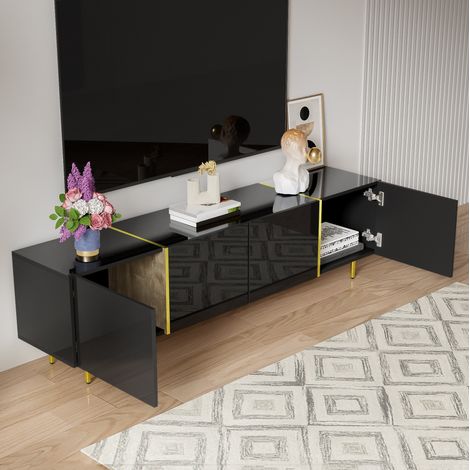 Mueble TV 170x35x46 cm negro brillo con 4 puertas y cierre suave (1/5)