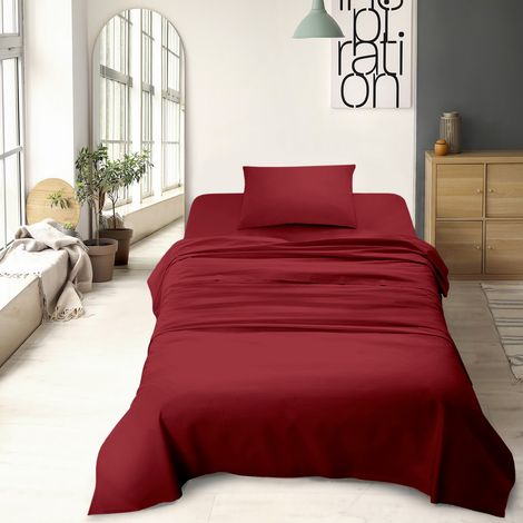Set Lenzuola 100% Cotone Di Flanella Completo Letto Made In Italy Anti-Pilling Tinta Unita Lenzuolo Sopra Sotto Federe Bordeaux - Piazza e mezza