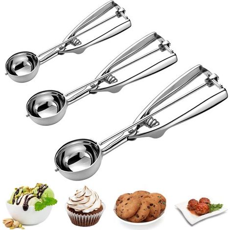 Cuchara para helado, Acero inoxidable con mecanismo de gatillo, Mango ergonómico para masa y helado, Incluye cuchara pequeña, mediana y grande (1/5)