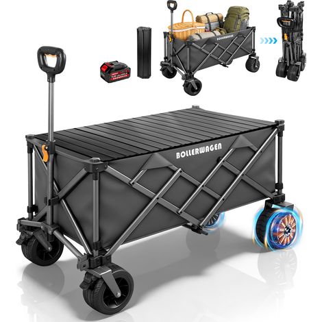 Chariot électrique Pliable 280L 120KG avec 50W Double Moteur Sans Balai, avec Plateau, 4.0AH Batt. 3 Vitesses, Compat. Makita 14.4V Batt. Enfants de Transport de Jardin pour Courses Camping, Gris