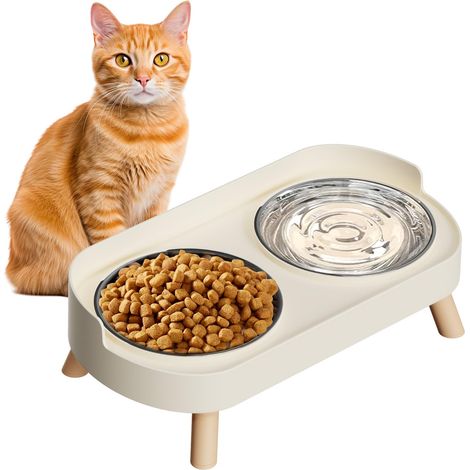 Gamelle surélevée pour chat d'intérieur, ensemble gamelles pour nourriture et eau, anti-éclaboussures, - Blanc
