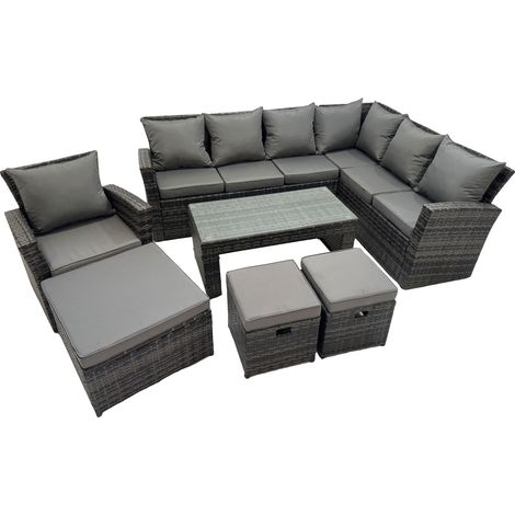 Fimous Rattan Garden Furniture Set 7 Pieces Outdoor Garden Sofa Oblong Coffee Table Set with Chair 3 Footstools Dark Grey Mixed (1/5)