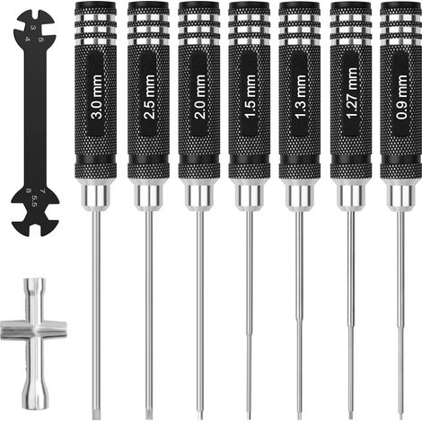 Ensemble d'outils de tournevis hexagonaux RC : 0,9 mm, 1,27 mm, 1,3 mm, 1,5 mm, 2,0 mm, 2,5 mm, 3,0 mm, kit de tournevis hexagonaux avec tournevis à écrou hexagonal et clé de voiture télécommandée (1/5)