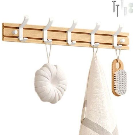 Porte Manteau Bambou Mural, Patères 5 Crochets pour Suspendre Vêtements, Peignoirs, Serviettes, Manteaux Crochet Mural pour Entrée, (1/5)