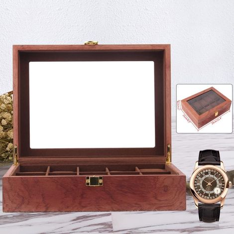 Boîte à montres en bois durable à 10 emplacements, support à montres avec couvercle en verre 29218Cm (1/5)