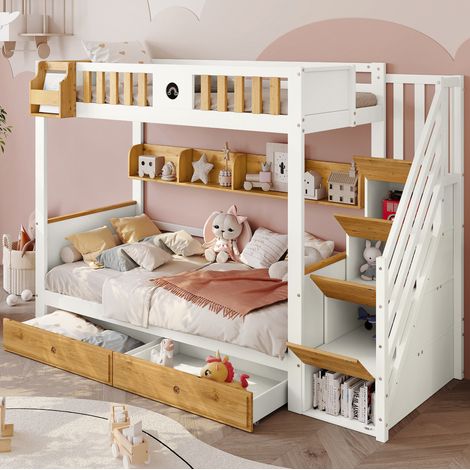 Cama litera infantil con escalera de almacenaje, madera maciza y MDF blanco+natural 90x200 cm con cajones y pizarra (1/5)